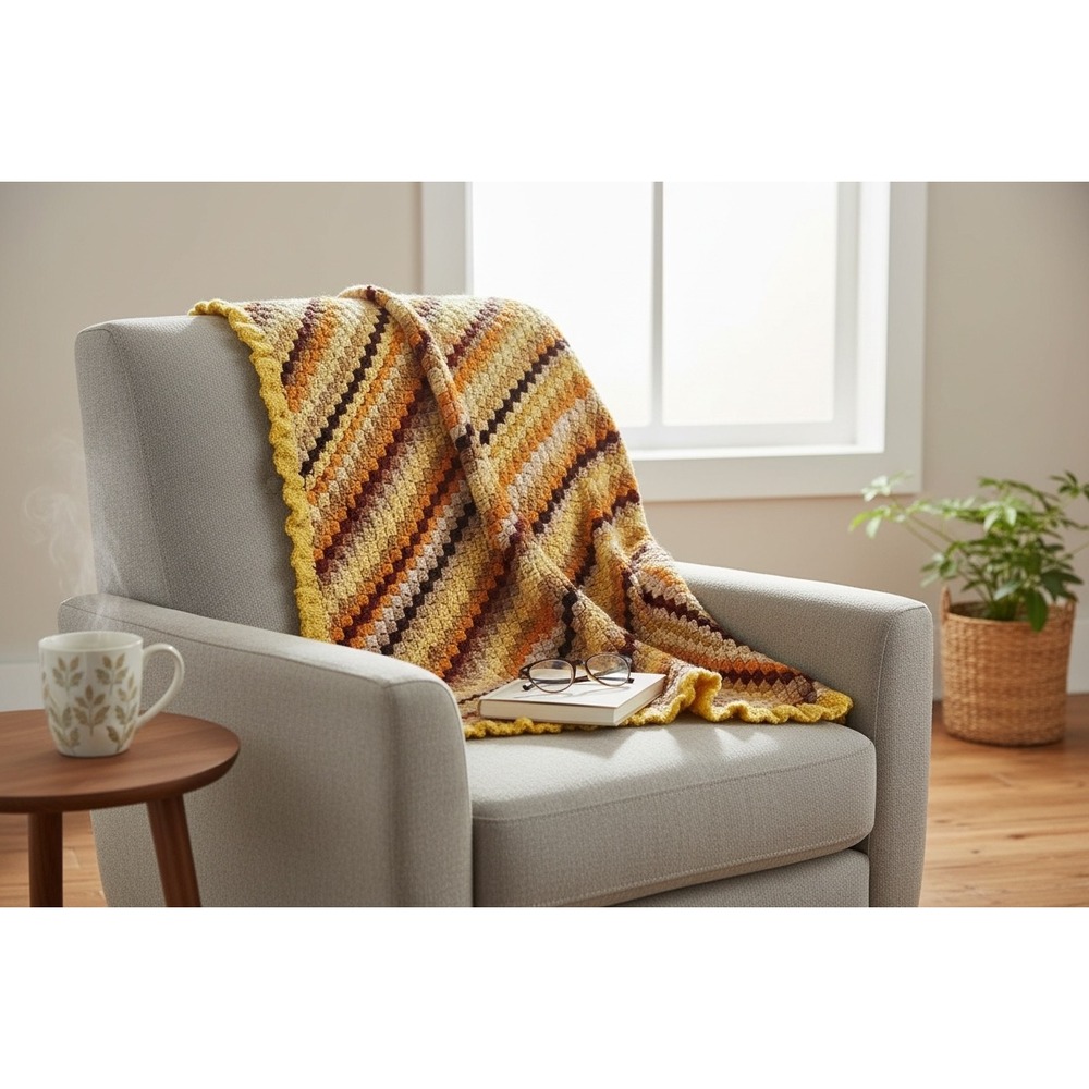 Grannycore Handmade Afghan Autumn Stripe Colors with Ruffles 68"x40"